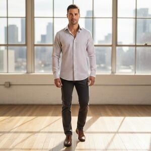 Psycho Bunny Mens Dress Shirt 17.5 34/35 Purple Pink Stripe Stretch Modern Fit